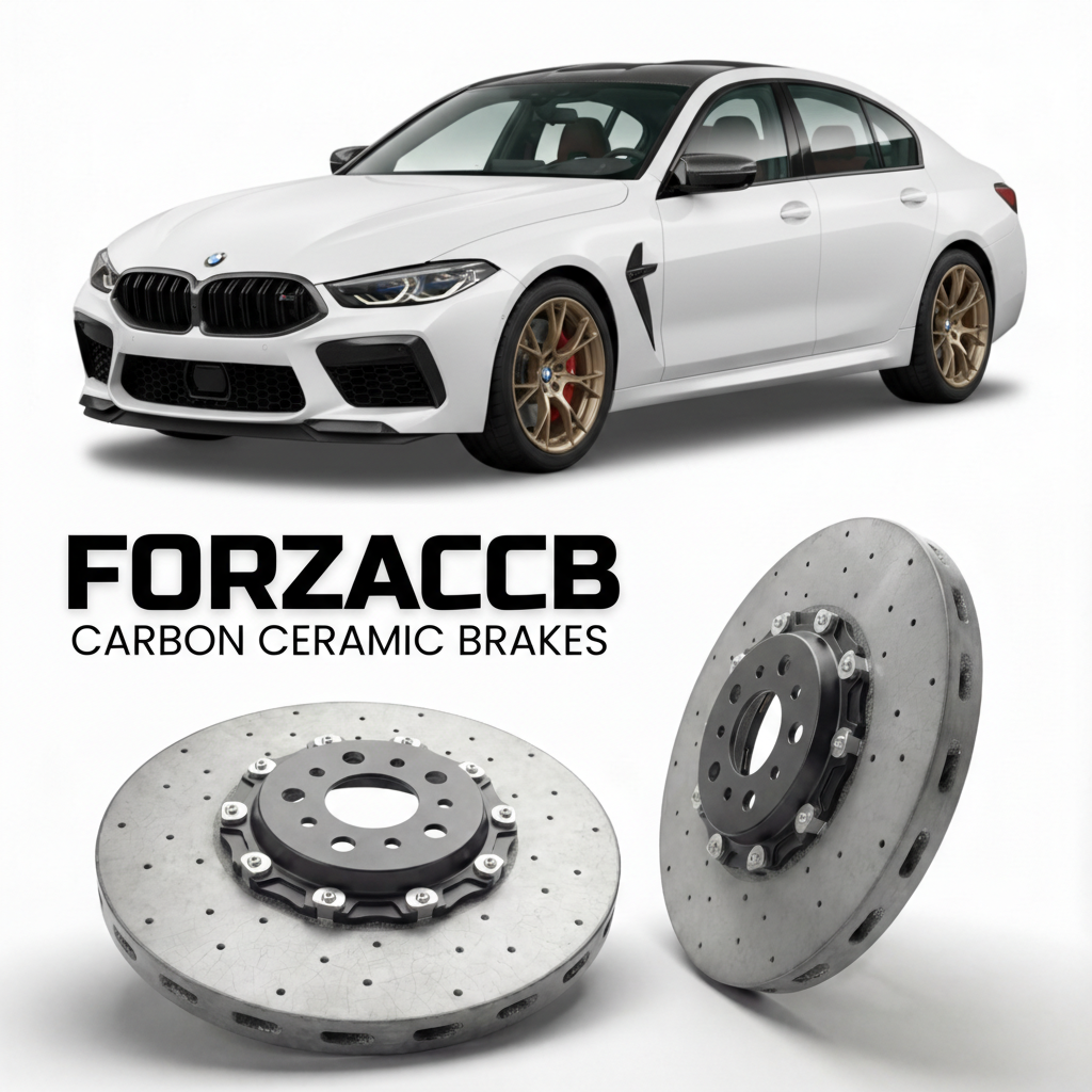 ForzaCCB direct OEM replacement carbon ceramic brake rotors for 2019 and newer BMW M8 Gran Coupe F93 models, shown with a white BMW M8 Gran Coupe car.