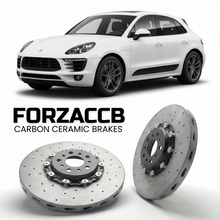 ForzaCCB direct OEM replacement carbon ceramic brake rotors for 2015 to 2024 Porsche Macan Base 95B models, shown with a white Porsche Macan Base car.