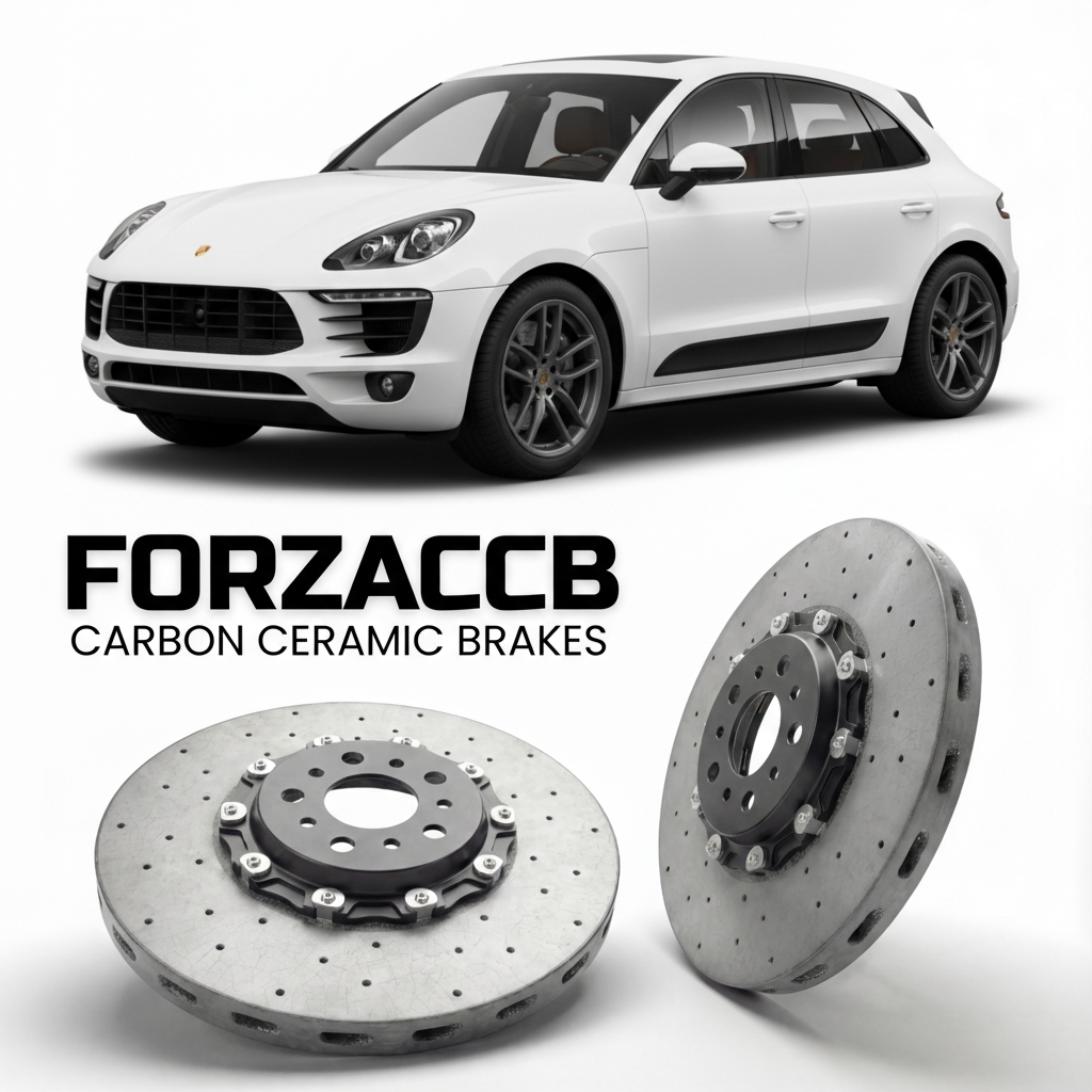 ForzaCCB direct OEM replacement carbon ceramic brake rotors for 2015 to 2024 Porsche Macan Base 95B models, shown with a white Porsche Macan Base car.