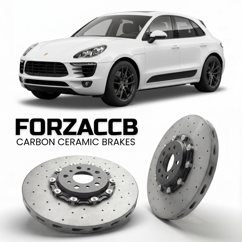 ForzaCCB direct OEM replacement carbon ceramic brake rotors for 2015 to 2024 Porsche Macan Diesel 95B models, shown with a white Porsche Macan Diesel car.