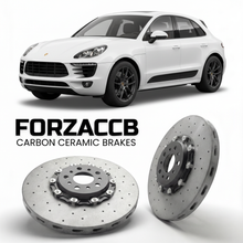 ForzaCCB direct OEM replacement carbon ceramic brake rotors for 2015 to 2024 Porsche Macan Diesel 95B models, shown with a white Porsche Macan Diesel car.