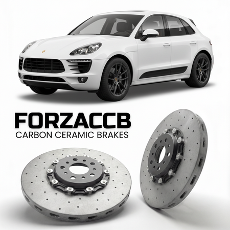 ForzaCCB direct OEM replacement carbon ceramic brake rotors for 2015 to 2024 Porsche Macan Diesel 95B models, shown with a white Porsche Macan Diesel car.
