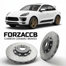 ForzaCCB direct OEM replacement carbon ceramic brake rotors for 2015 to 2024 Porsche Macan S models, shown with a white Porsche Macan S car.