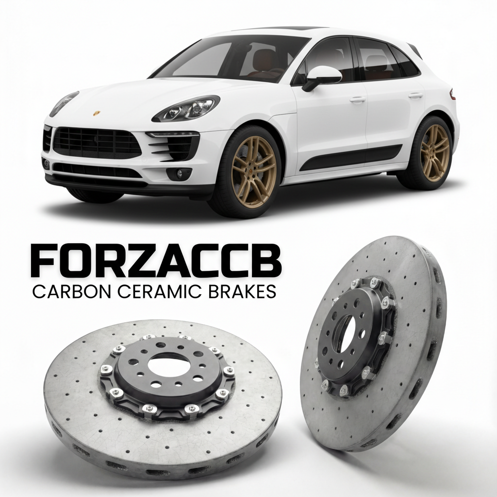 ForzaCCB direct OEM replacement carbon ceramic brake rotors for 2015 to 2024 Porsche Macan S models, shown with a white Porsche Macan S car.