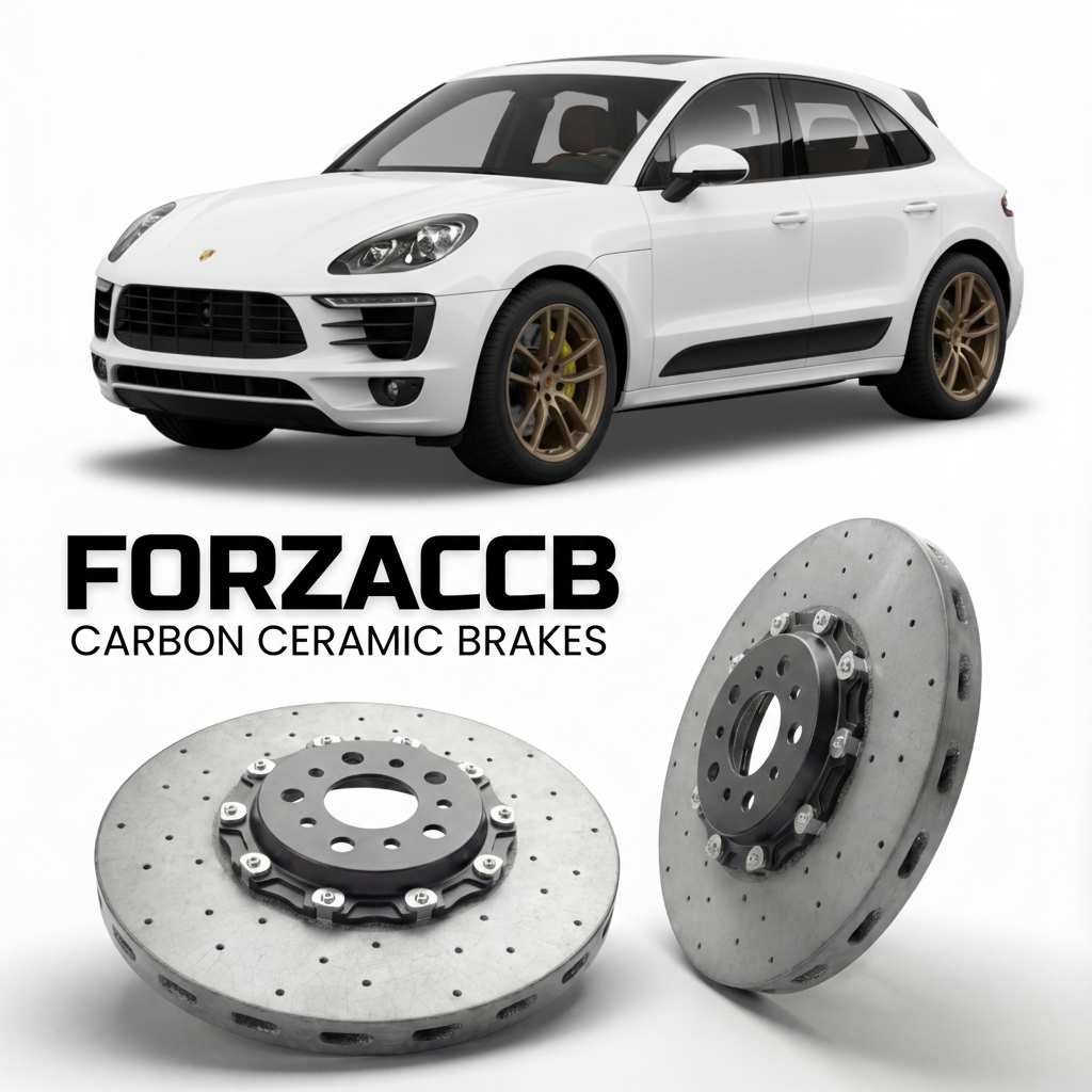 ForzaCCB direct OEM replacement carbon ceramic brake rotors for 2015 to 2019 Porsche Macan Turbo 95B models, shown with a white Porsche Macan Turbo car.