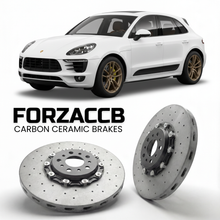 ForzaCCB direct OEM replacement carbon ceramic brake rotors for 2015 to 2019 Porsche Macan Turbo 95B models, shown with a white Porsche Macan Turbo car.