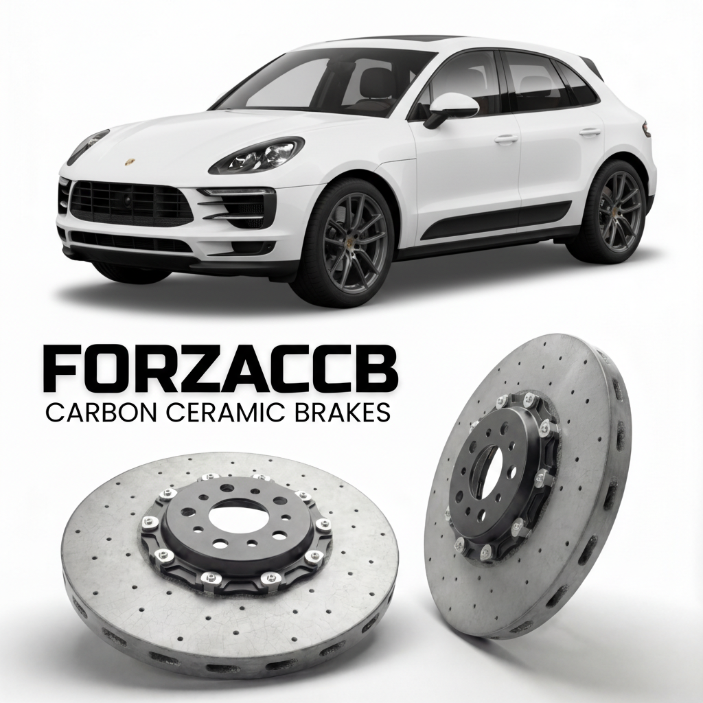 ForzaCCB direct OEM replacement carbon ceramic brake rotors for 2020 and newer Porsche Macan Turbo 95B.2 models, shown with a white Porsche Macan Turbo car.