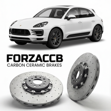 ForzaCCB direct OEM replacement carbon ceramic brake rotors for 2020 and newer Porsche Macan Turbo 95B.2 models, shown with a white Porsche Macan Turbo car.