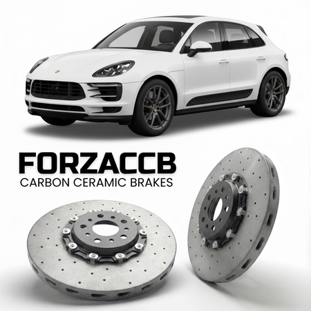 ForzaCCB direct OEM replacement carbon ceramic brake rotors for 2020 and newer Porsche Macan Turbo 95B.2 models, shown with a white Porsche Macan Turbo car.
