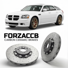 ForzaCCB direct OEM replacement carbon ceramic brake rotors for 2005 to 2008 Dodge Magnum models, shown with a white Dodge Magnum car.