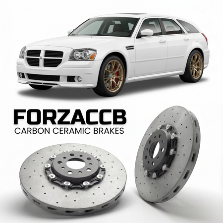 ForzaCCB direct OEM replacement carbon ceramic brake rotors for 2005 to 2008 Dodge Magnum models, shown with a white Dodge Magnum car.
