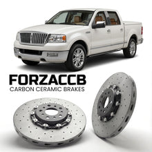 ForzaCCB direct OEM replacement carbon ceramic brake rotors for 2005 to 2006 Lincoln Mark LT models, shown with a white Lincoln Mark LT car.