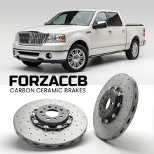 ForzaCCB direct OEM replacement carbon ceramic brake rotors for 2006 to 2008 Lincoln Mark LT facelift 2006 models, shown with a white Lincoln Mark LT car.