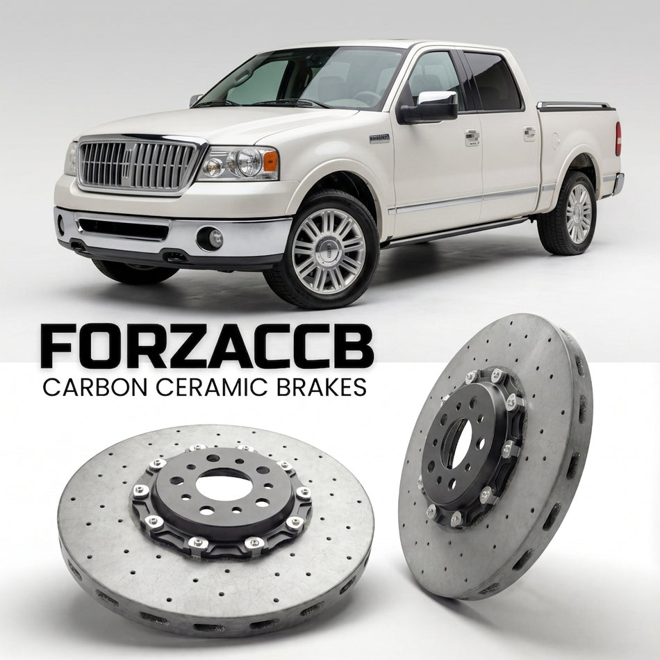 ForzaCCB direct OEM replacement carbon ceramic brake rotors for 2006 to 2008 Lincoln Mark LT facelift 2006 models, shown with a white Lincoln Mark LT car.