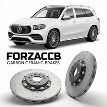 ForzaCCB direct OEM replacement carbon ceramic brake rotors for 2020- Mercedes-Benz Maybach GLS X167 models, shown with a white Mercedes-Benz Maybach GLS car.