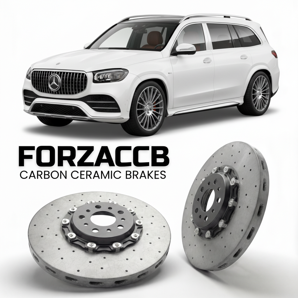 ForzaCCB direct OEM replacement carbon ceramic brake rotors for 2020- Mercedes-Benz Maybach GLS X167 models, shown with a white Mercedes-Benz Maybach GLS car.