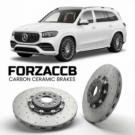 ForzaCCB direct OEM replacement carbon ceramic brake rotors for 2020- Mercedes-Benz Maybach GLS X167 models, shown with a white Mercedes-Benz Maybach GLS car.