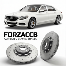 ForzaCCB direct OEM replacement carbon ceramic brake rotors for 2015 to 2020 Mercedes-Benz Maybach S-Class X222 models, shown with a white Mercedes-Benz Maybach S-Class car.