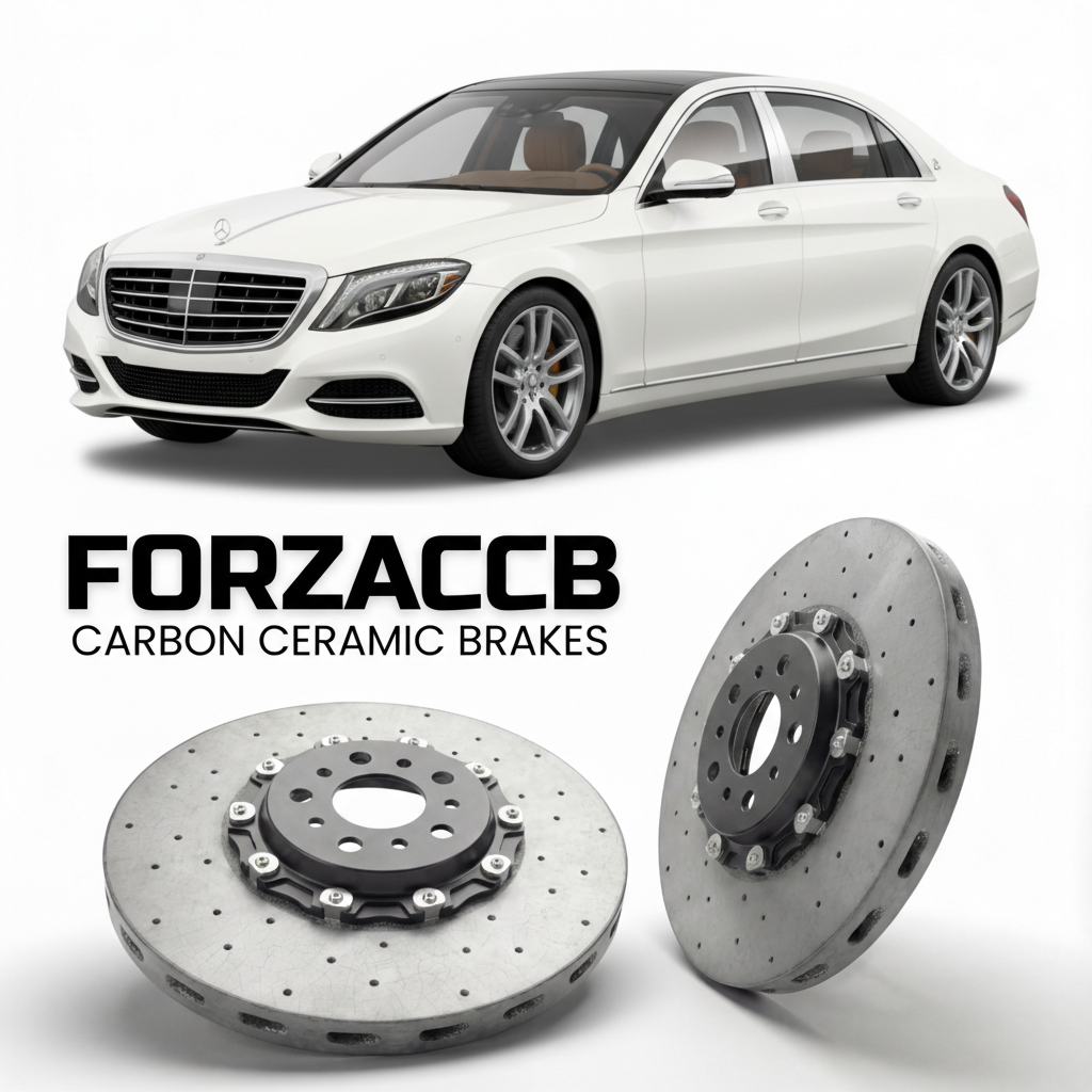 ForzaCCB direct OEM replacement carbon ceramic brake rotors for 2015 to 2020 Mercedes-Benz Maybach S-Class X222 models, shown with a white Mercedes-Benz Maybach S-Class car.