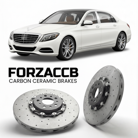 ForzaCCB direct OEM replacement carbon ceramic brake rotors for 2015 to 2020 Mercedes-Benz Maybach S-Class X222 models, shown with a white Mercedes-Benz Maybach S-Class car.