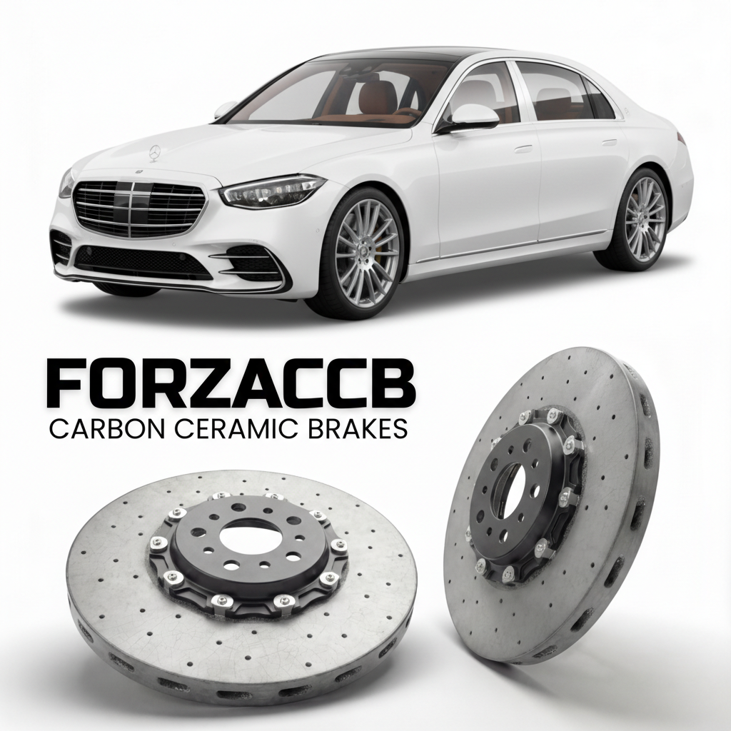 ForzaCCB direct OEM replacement carbon ceramic brake rotors for 2021- Mercedes-Benz Maybach S-Class W223 models, shown with a white Mercedes-Benz Maybach S-Class car.