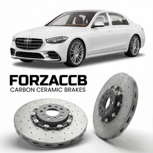 ForzaCCB direct OEM replacement carbon ceramic brake rotors for 2021- Mercedes-Benz Maybach S-Class W223 models, shown with a white Mercedes-Benz Maybach S-Class car.