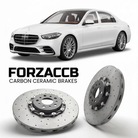 ForzaCCB direct OEM replacement carbon ceramic brake rotors for 2021- Mercedes-Benz Maybach S-Class W223 models, shown with a white Mercedes-Benz Maybach S-Class car.