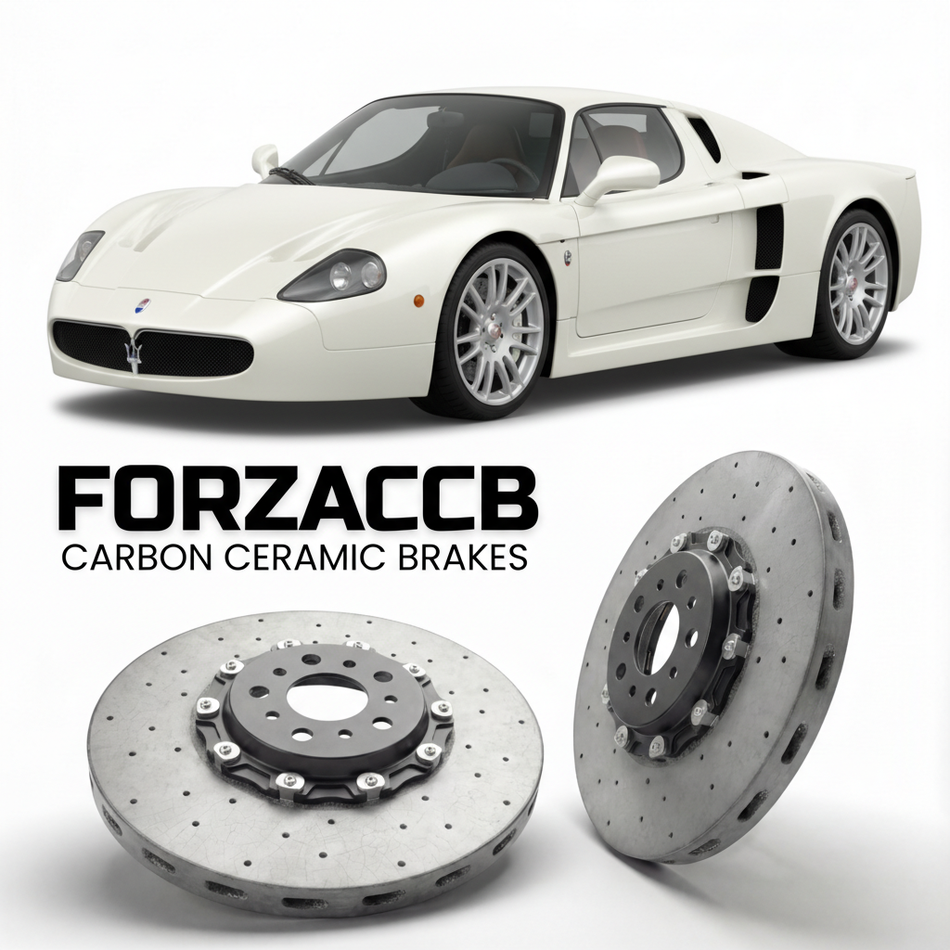ForzaCCB direct OEM replacement carbon ceramic brake rotors for 2004 to 2005 Maserati MC12 models, shown with a white Maserati MC12 car.