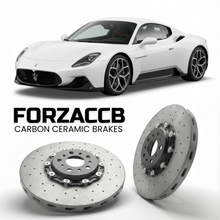 ForzaCCB direct OEM replacement carbon ceramic brake rotors for 2020 and newer Maserati MC20 models, shown with a white Maserati MC20 car.
