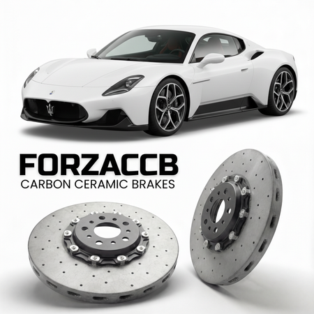 ForzaCCB direct OEM replacement carbon ceramic brake rotors for 2020 and newer Maserati MC20 models, shown with a white Maserati MC20 car.