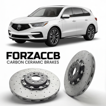 ForzaCCB direct OEM replacement carbon ceramic brake rotors for 2022 and newer Acura MDX YD8/YD9/YE1 models, shown with a white Acura MDX car.
