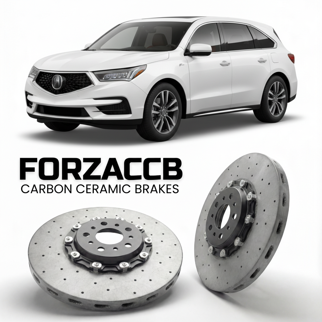 ForzaCCB direct OEM replacement carbon ceramic brake rotors for 2022 and newer Acura MDX YD8/YD9/YE1 models, shown with a white Acura MDX car.
