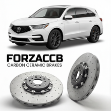 ForzaCCB direct OEM replacement carbon ceramic brake rotors for 2022 and newer Acura MDX Type S YD8/YD9/YE1 models, shown with a white Acura MDX Type S car.