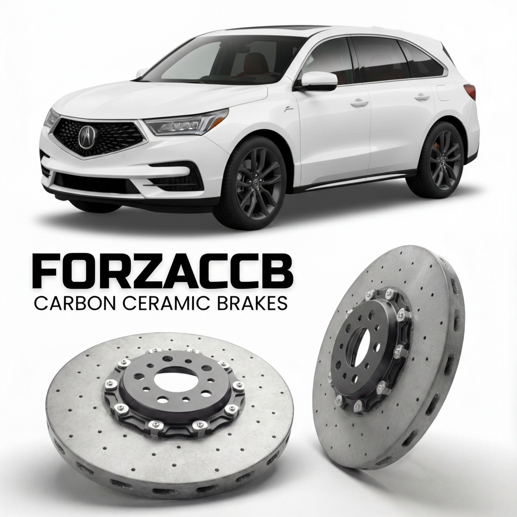 ForzaCCB direct OEM replacement carbon ceramic brake rotors for 2022 and newer Acura MDX Type S YD8/YD9/YE1 models, shown with a white Acura MDX Type S car.