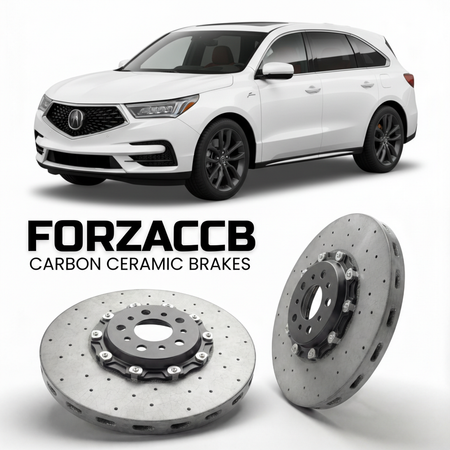 ForzaCCB direct OEM replacement carbon ceramic brake rotors for 2022 and newer Acura MDX Type S YD8/YD9/YE1 models, shown with a white Acura MDX Type S car.