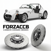 ForzaCCB direct OEM replacement carbon ceramic brake rotors for 2000 to 2015 Westfield Megabusa models, shown with a white Westfield Megabusa car.