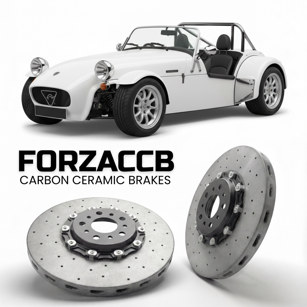 ForzaCCB direct OEM replacement carbon ceramic brake rotors for 2000 to 2015 Westfield Megabusa models, shown with a white Westfield Megabusa car.