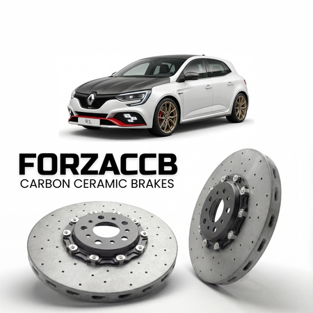 ForzaCCB direct OEM replacement carbon ceramic brake rotors for 2004 to 2023 Renault Megane RS models, shown with a white Renault Megane RS car.