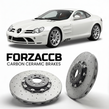 ForzaCCB direct OEM replacement carbon ceramic brake rotors for 2003 to 2010 McLaren Mercedes-Benz SLR R199 models, shown with a white McLaren Mercedes-Benz SLR car.