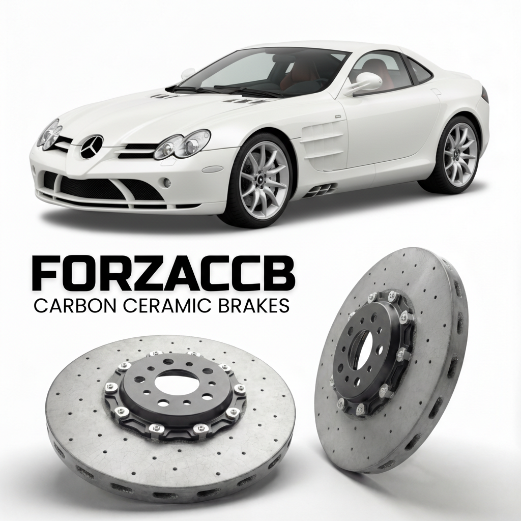 ForzaCCB direct OEM replacement carbon ceramic brake rotors for 2003 to 2010 McLaren Mercedes-Benz SLR R199 models, shown with a white McLaren Mercedes-Benz SLR car.