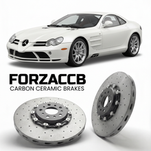 ForzaCCB direct OEM replacement carbon ceramic brake rotors for 2006 to 2009 McLaren Mercedes-Benz SLR 722 Edition R199 models, shown with a white McLaren Mercedes-Benz SLR 722 Edition car.