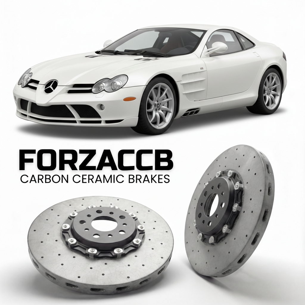 ForzaCCB direct OEM replacement carbon ceramic brake rotors for 2006 to 2009 McLaren Mercedes-Benz SLR 722 Edition R199 models, shown with a white McLaren Mercedes-Benz SLR 722 Edition car.