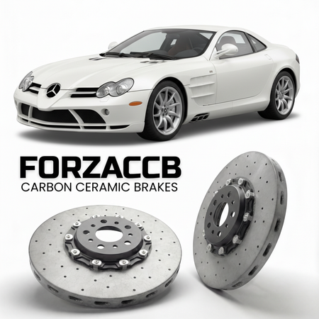 ForzaCCB direct OEM replacement carbon ceramic brake rotors for 2006 to 2009 McLaren Mercedes-Benz SLR 722 Edition R199 models, shown with a white McLaren Mercedes-Benz SLR 722 Edition car.