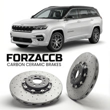 ForzaCCB direct OEM replacement carbon ceramic brake rotors for 2022 and newer Jeep Meridian models, shown with a white Jeep Meridian car.