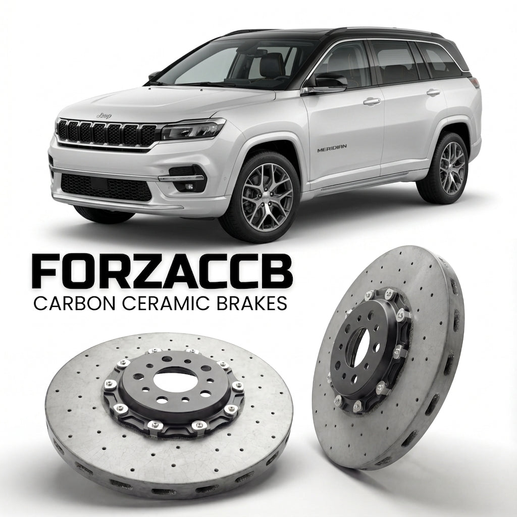 ForzaCCB direct OEM replacement carbon ceramic brake rotors for 2022 and newer Jeep Meridian models, shown with a white Jeep Meridian car.
