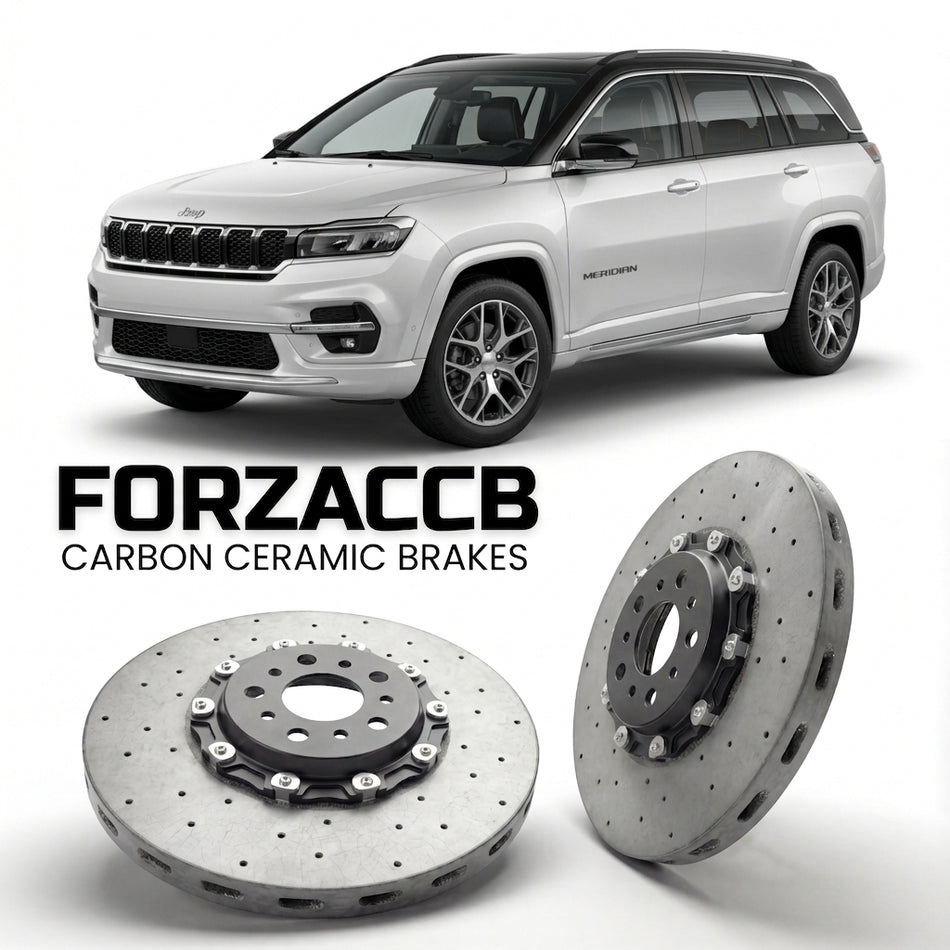 ForzaCCB direct OEM replacement carbon ceramic brake rotors for 2022 and newer Jeep Meridian models, shown with a white Jeep Meridian car.
