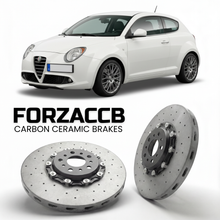 ForzaCCB direct OEM replacement carbon ceramic brake rotors for 2008 to 2013 Alfa Romeo MiTo models, shown with a white Alfa Romeo MiTo car.