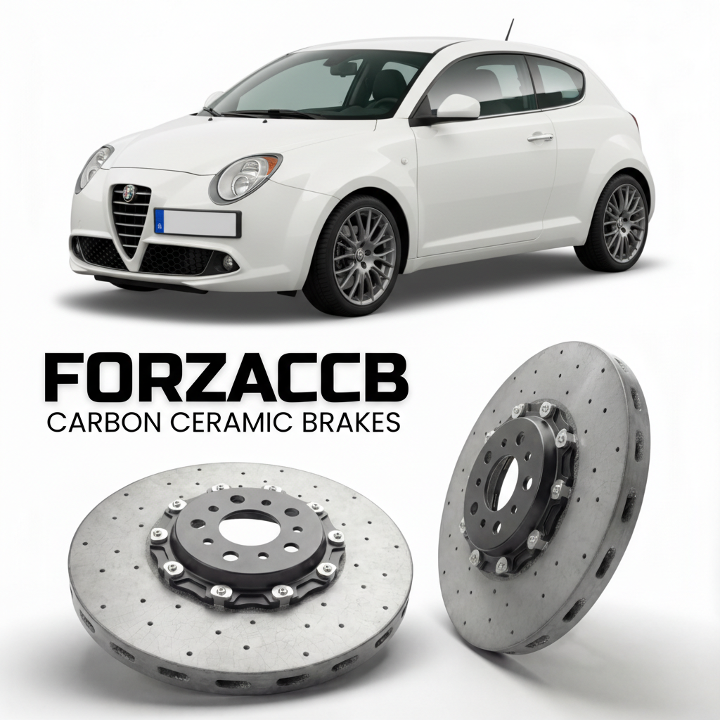 ForzaCCB direct OEM replacement carbon ceramic brake rotors for 2008 to 2013 Alfa Romeo MiTo models, shown with a white Alfa Romeo MiTo car.