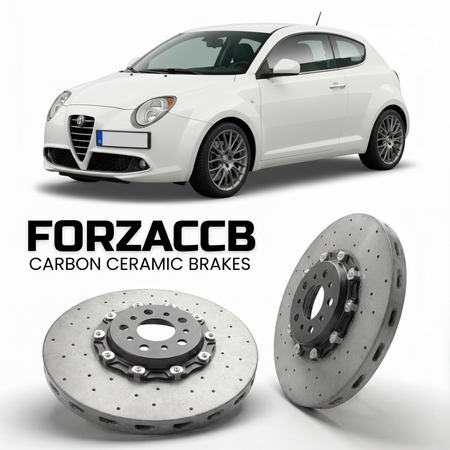 ForzaCCB direct OEM replacement carbon ceramic brake rotors for 2008 to 2013 Alfa Romeo MiTo models, shown with a white Alfa Romeo MiTo car.