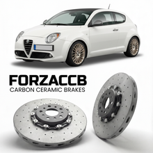 ForzaCCB direct OEM replacement carbon ceramic brake rotors for 2013 to 2016 Alfa Romeo MiTo facelift 2013 models, shown with a white Alfa Romeo MiTo car.